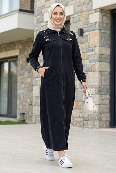 Hb Harma Time Butik Дамско черно палто с цип, украсено с камъни и ребра