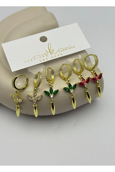 BİJU YILMAZ Vip Gold Colorful Stone Flower Dangle Earrings Set of 6 - 26Vipkp58
