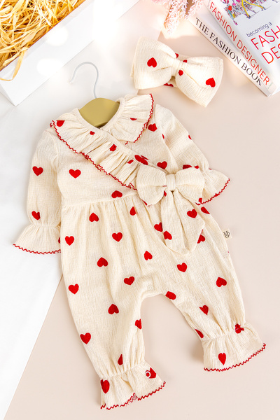 Babymod Heart Patterned Bowknot 100% Cotton Bandana Baby Girl Jumpsuit