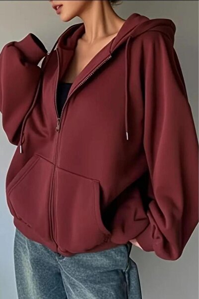 CAST COLLECTİON Women's Burgundy Zippered Hooded Cardigan Jacket