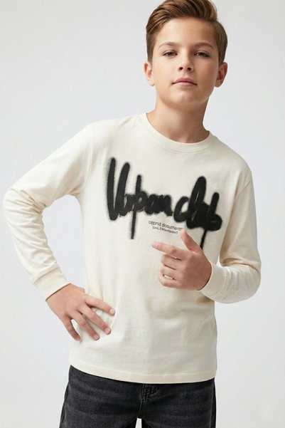Dmb Boys' 9-14 Printed Thin Long Sleeve T-Shirt Cream