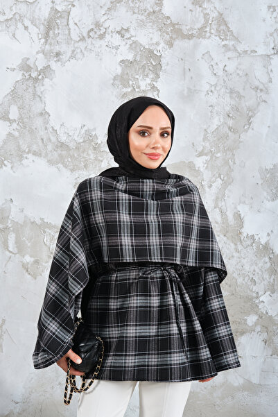 LOCCO Women's Plaid Pattern Waist Tie Button Detail Poncho Black
