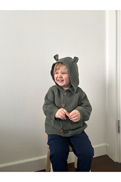 KUEZA KIDS Bebek & Çocuk Kapüşonlu Kulaklı Düğmeli Cepli Pamuklu Triko Hırka