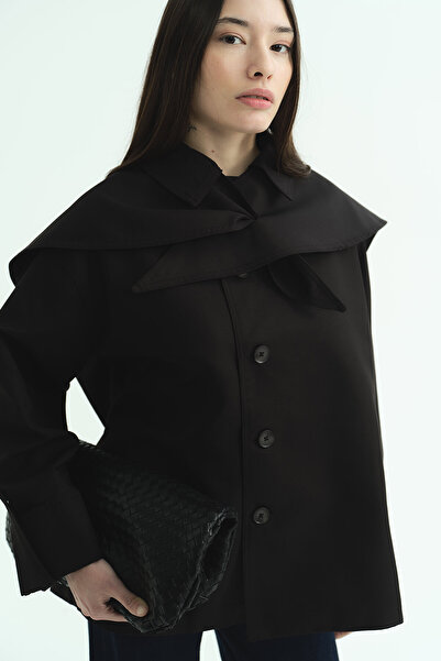 Hooopstore Black Trench Coat with Shawl Collar Detail