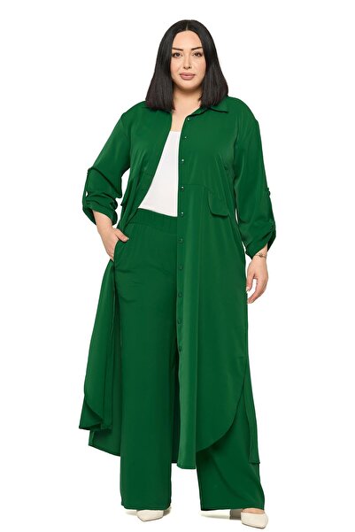 DISENTIS MODEST Plus Size Long Shirt Pants Emerald Green Two-Piece Set