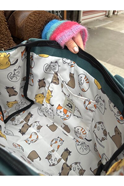 Atelier Lapina Petrol Mavi / Kedi / Fermuarlı, Çapraz Askılı, Mumlu Kanvas Ko...