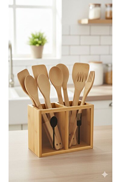 ELZEMHOME Premium Compartmented Glass Detailed Natural Bamboo Spoon Holder & ...