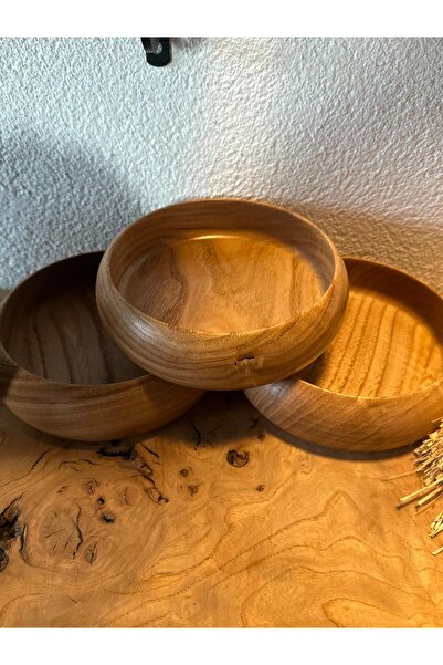 Carveni Doğal Ahşap Sunum Kasesi Çerezlik 3'lü Set Kestane 16cm