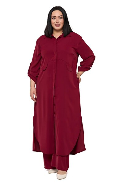 DISENTIS MODEST Plus Size Long Shirt Pants Burgundy Two-Piece Set