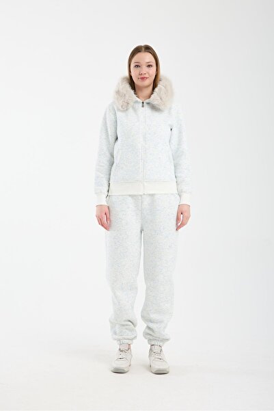 Afri Women's Gray-White Hooded Sweatshirt with Fur (Removable) and Zipper, Sw...