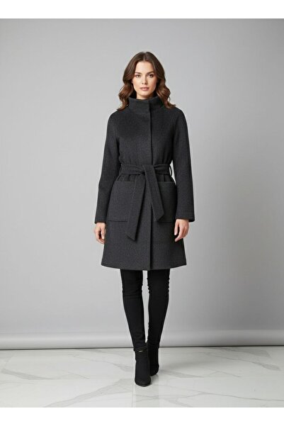 Tangül&Ali'S Moda Evi Belden Bağlamalı Uzun Koyu Gri Kaşe Kaban