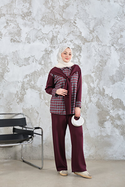 LOCCO بدلة نسائية منقوشة من قطعتين باللون الأحمر الداكن