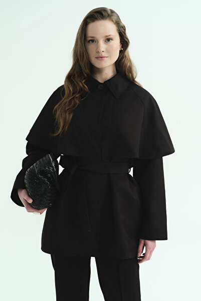 Hooopstore Black Trench Coat with Cape Detail