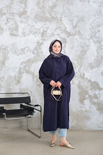 LOCCO Women's Shirt Collar Tencel Buttoned Dress Navy Blue