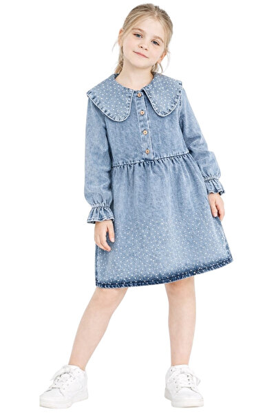 İrem Çocuk Giyim Girl's Baby Collared Stone Detailed Half Buttoned Midi Lengt...