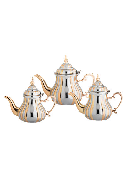 BASURRAH Stainless steel teapot set, 3 pieces, silver and gold color (0.9/1.2...