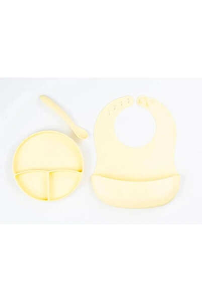 TTT طقم طعام سيليكون أصفر مكون من 3 قطع - مريلة + ملعقة مع عضاضة + طبق مفرغ ا...