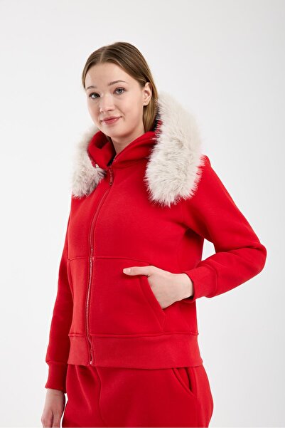Afri Women's Red Hooded Sweatshirt with Fur (Removable) and Zipper, Sweatshir...