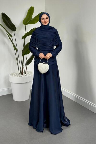 MERVEN AKYÜZ Cocina Drapeli Pelerinli Abiye Lacivert