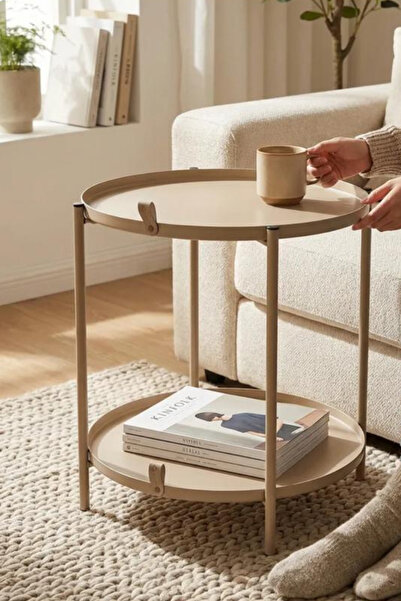 hemlife Çift Tepsili Katlanır Orta Yan Yuvarlak Sehpa Metal - Modern Sehpa 44...