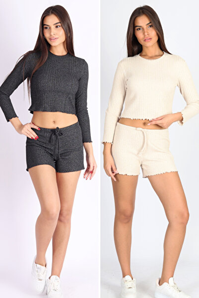 Softandbasic Women's 2-Piece Punta Report Camisole Black-Beige Casual Shorts