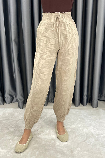 Crep بنطلون كتان بأرجل مطاطية - بيج BEJ