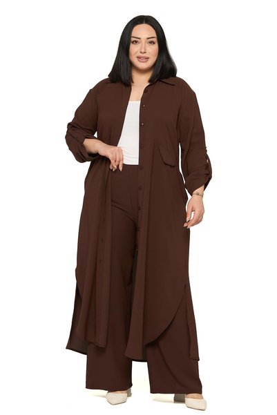 DISENTIS MODEST Plus Size Long Shirt Pants Brown Two-Piece Set