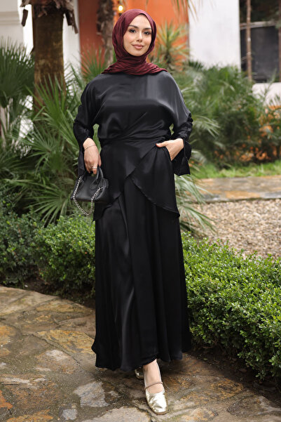 İmajButik Black Satin Front Detailed Blouse and Skirt Set
