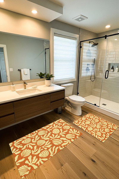 Etnik Dekor Seashell Patterned 2-Piece, Digital Printing, Non-Slip Base Bathr...