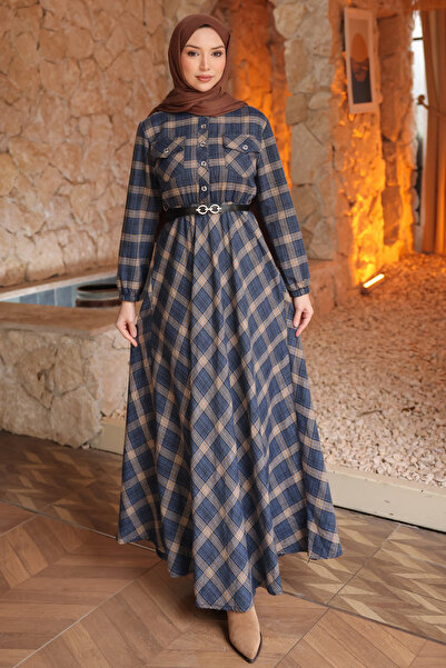 İmajButik Navy Blue Belted Plaid Patterned Buttoned Dress