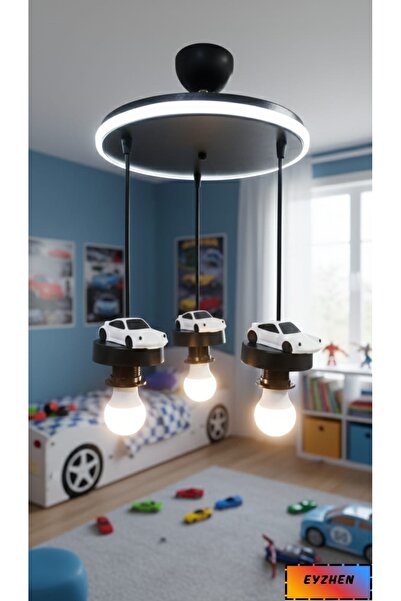 Eyzhen Bebek/Çocuk Odası El Yapımı Taş Beyaz Araba Figürlü Neon Ledli 3'lü Sa...