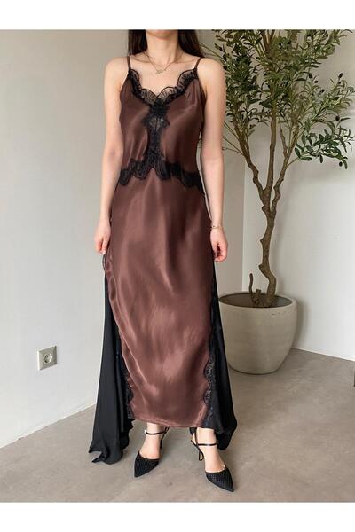 Bade Butik Καφέ δαντελωτό σατέν φόρεμα