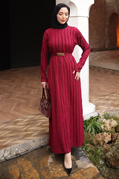 İmajButik Bordo Zincir Kemerli Fırfırlı Gofre Elbise