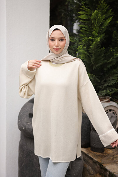 İmajButik Cream Glitter Mercerized Knitwear Sweater