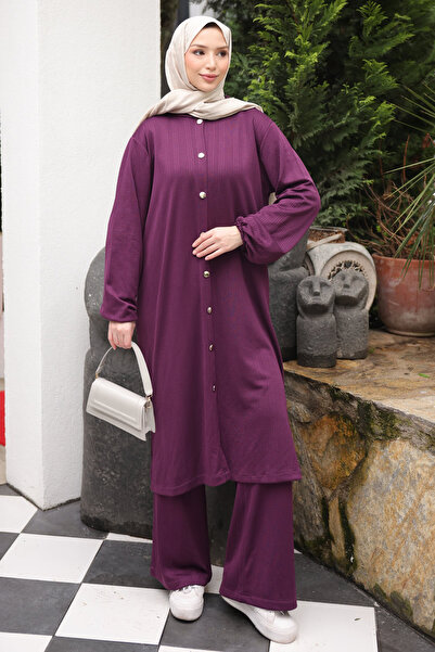 İmajButik Purple Buttoned Tunic and Trousers Wrinkled Suit
