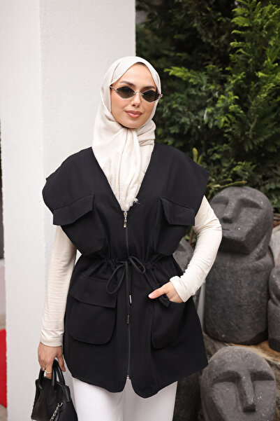 İmajButik Black Gabardine Vest with Waist Tie, Pockets and Lining