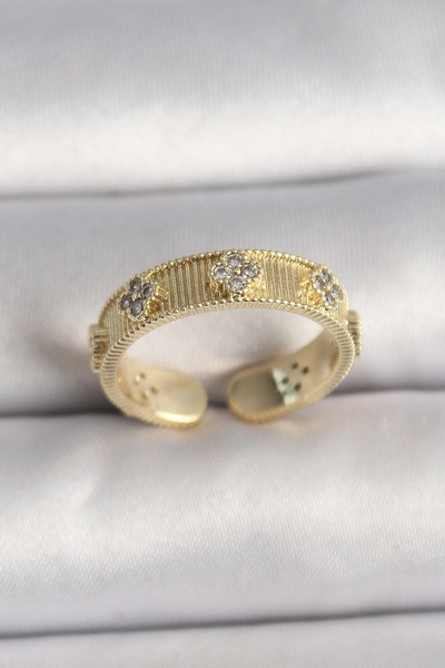 esplendor Adjustable Clover Pattern Brass Ring with Zircon Stone