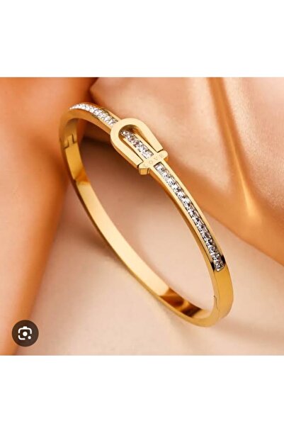 ella'nın çarşısı Steel Gold Color Zircon Stone Handcuff Bracelet. Stainless S...