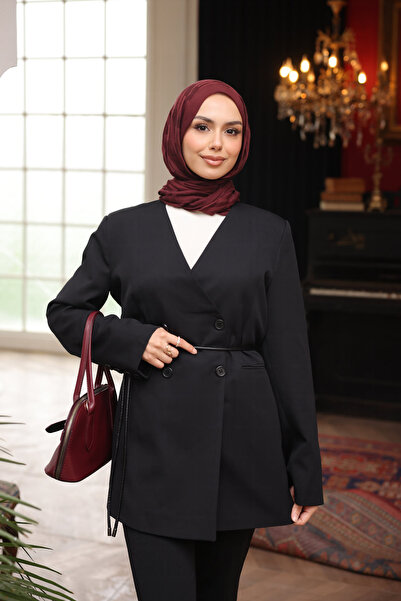 İmajButik Black Belted Buttoned Jacket