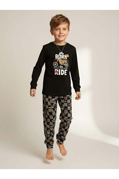 Zekids Set de pijamale din bumbac pentru băieți, cu imprimeu Born To Ride