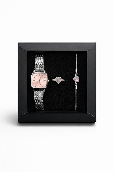 SEES AKSESUAR Gümüş Kadın Çelik Kol Saati - Gümüş Kalpli Bileklik ve Yüzük Se...