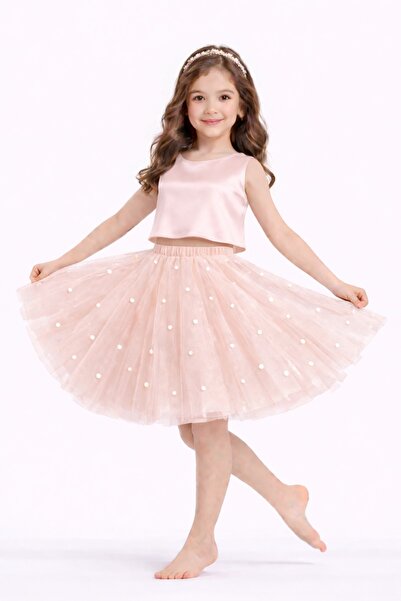 SUNEH Fusta tutu roz pudrat cu detalii perle pentru fete, fusta pentru petrec...