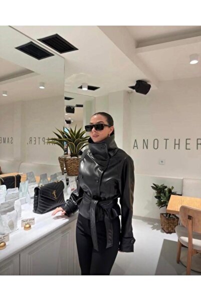 MODA Siyah Deri Yarım Trençkot