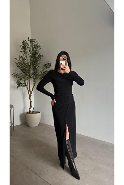 Bade Butik Siyah Astarlı Likralı Drapeli Uzun Elbise