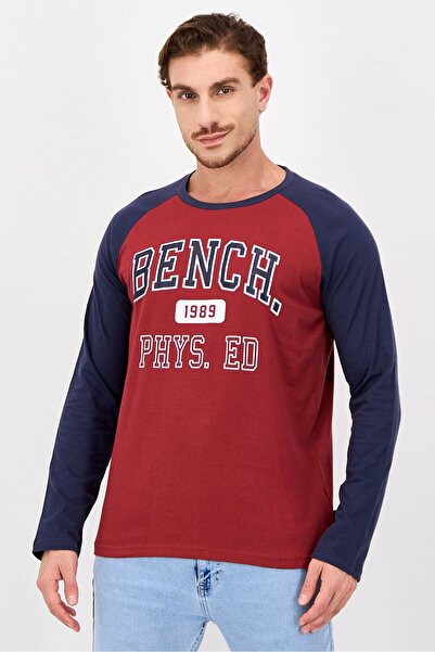 BENCH Men Crew Neck Long Sleeve Brand Logo T-Shirts, Red