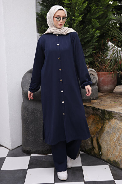 İmajButik Navy Blue Buttoned Tunic and Trousers Wrinkled Suit