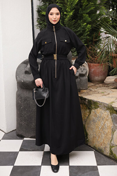 İmajButik Black Zippered Rubber Belted Dress