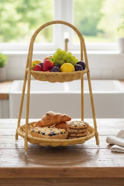 Buffer ®   Plastic Rattan Two-Tier Serving Tray – Decorative Organizer, Kitch...