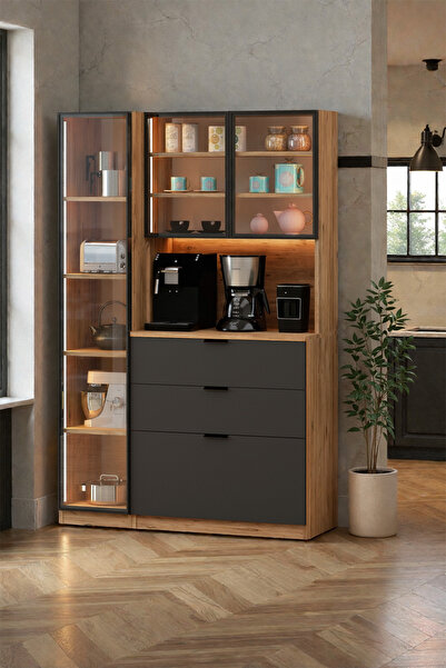 Avmpark Orea Temperli Cam Kapaklı Ledli Kahve Köşesi Kiler Dolabı Mutfak Tezg...