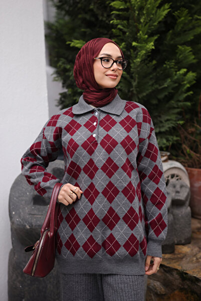 İmajButik Smoked Polo Collar Diamond Patterned Knit Sweater